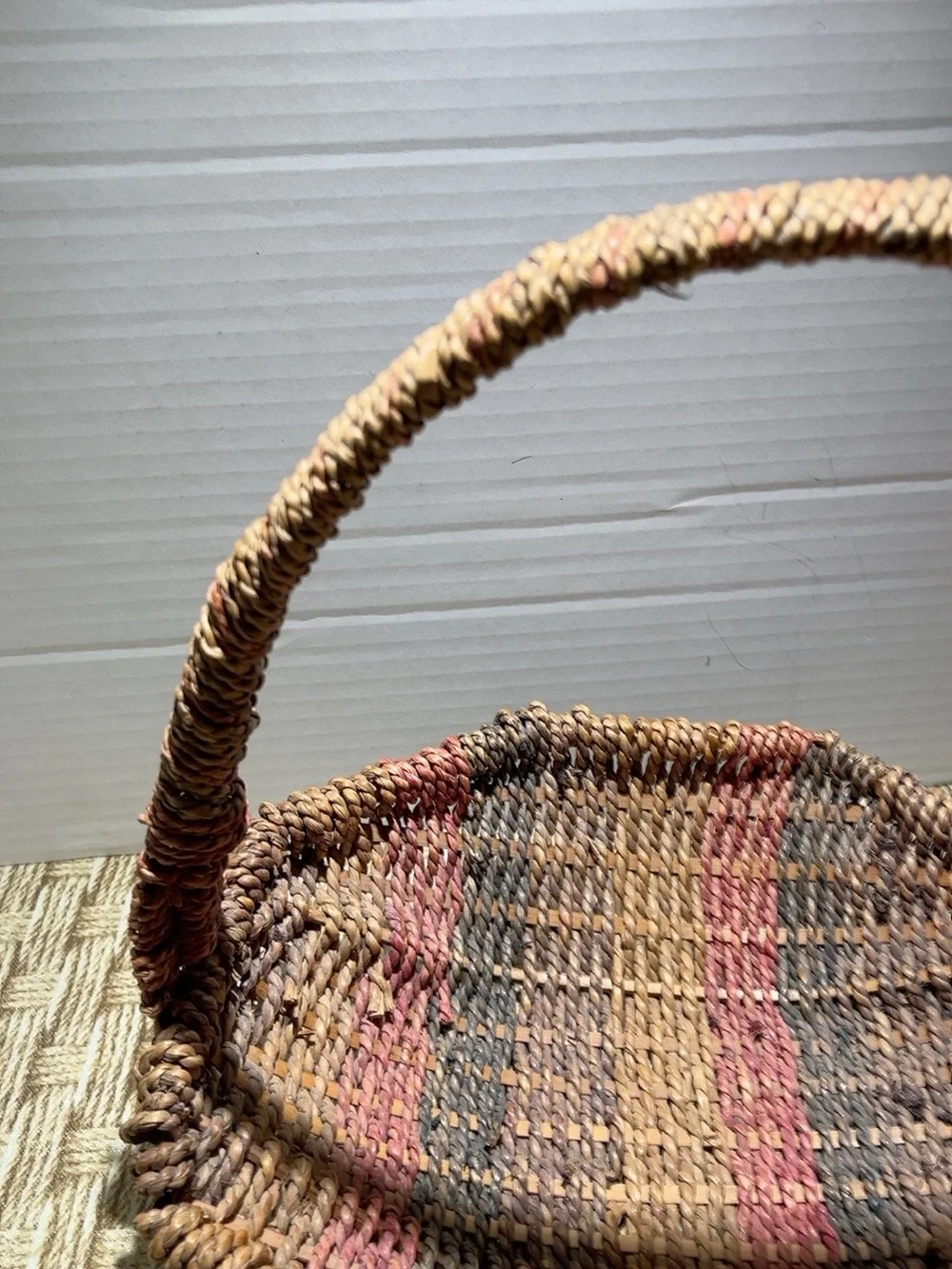 Handwoven Multicolor Willow Basket with Handle - Rustic Tan, Brown & Red